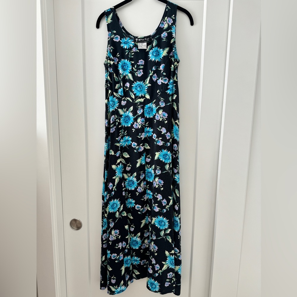 Vintage All That Jazz Black and Blue Floral Maxi Dress Size 3/4